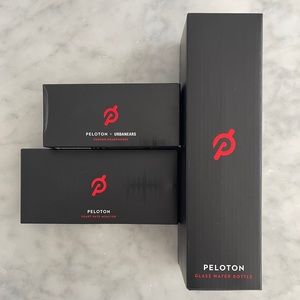 Peloton water bottle, HR monitor, & headphones